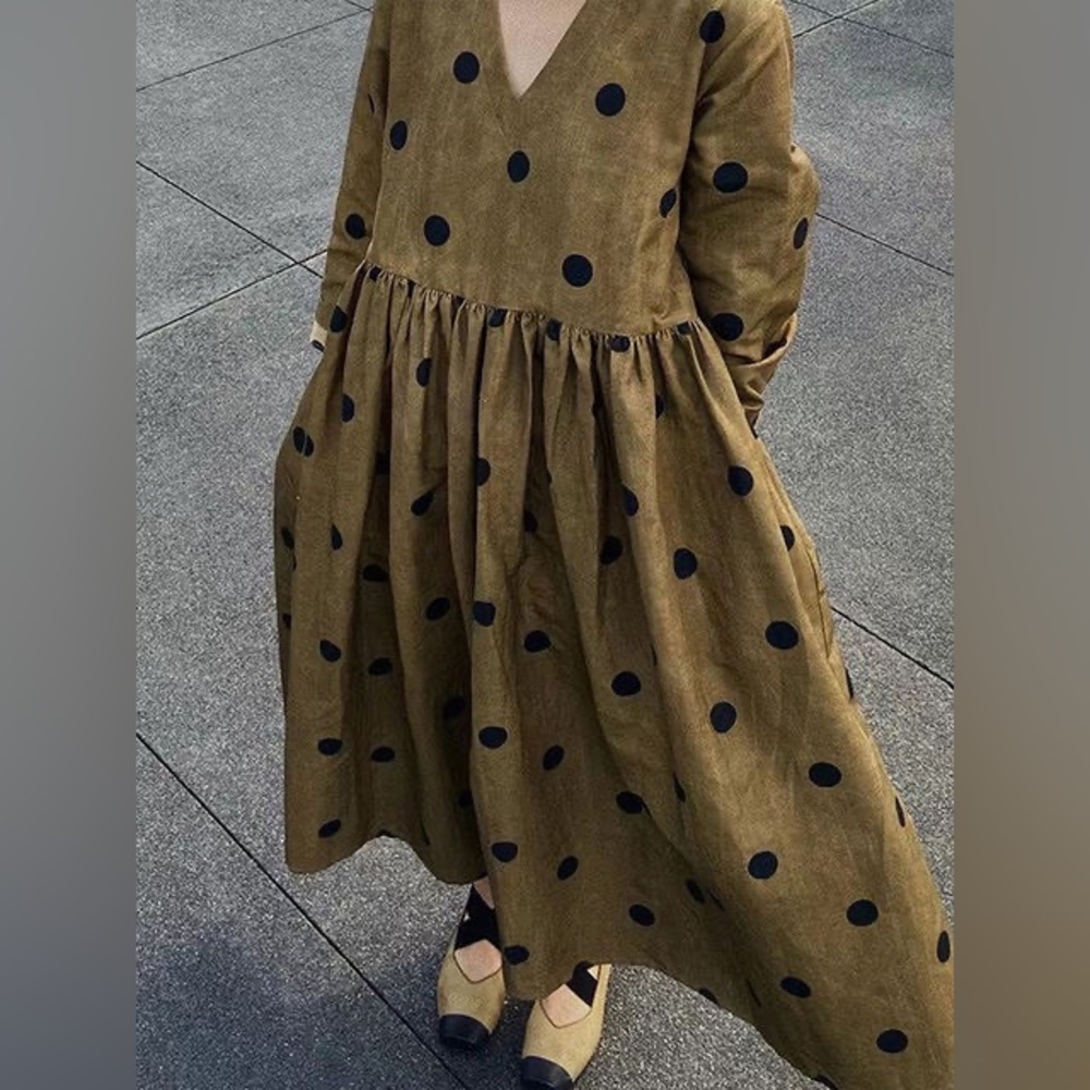 Black polka dot embellished tea-dyed dress